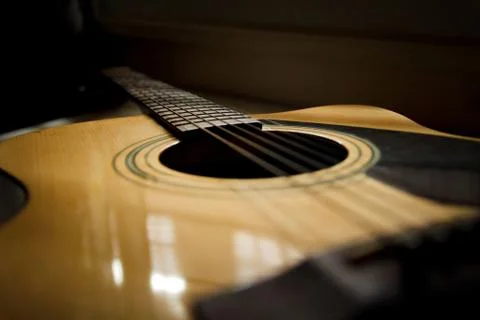 Select focus and soft focus , Close up acoustic guitar , musical concept Stock Photos