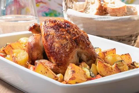 Select focus of a spit-roasted chicken with baked potatoes and vegetables on  Stock Photos