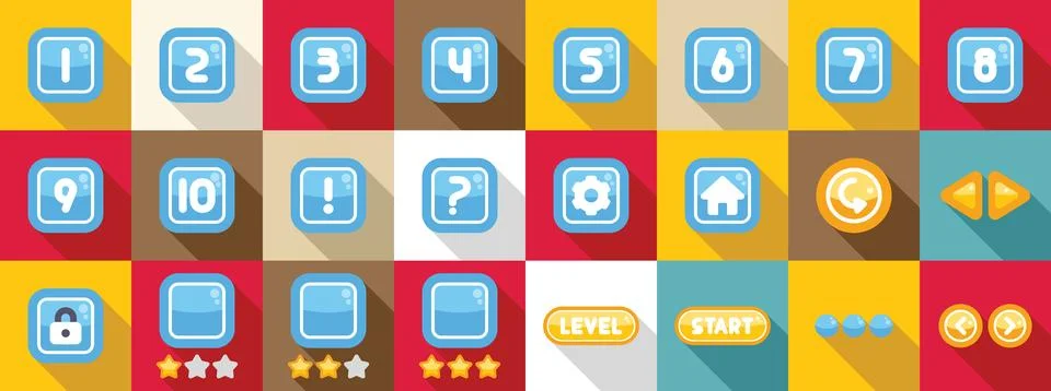 Select game level icons set. Set of buttons for casual games in blue rounded Illustrazione stock