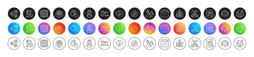 Select user, Checked calculation and Gears line icons. For web app, printing Illustrazione stock