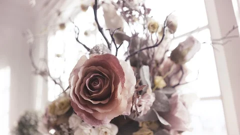 Selected Focus Bouquet Artificial Big Pink Rose Flower Decorated in Room 스톡 동영상 128942817