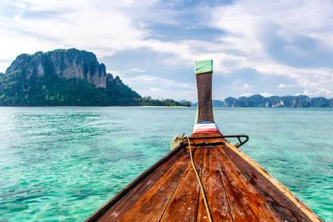 Selected focus on front of a long tail boat at Krabi sea Stock Photos