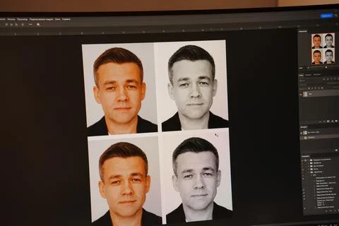 Selecting and processing photos in a photo editor on a computer monitor. 스톡 사진