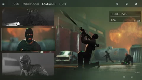 Selecting Campaign Mode And Soldier In Main Menu Screen Of Shooter Video Game Video stock 245015826