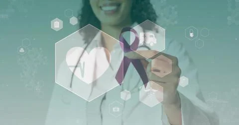 Selecting doctor tapping hexagonal health icons on digital interface, with Stock Photos