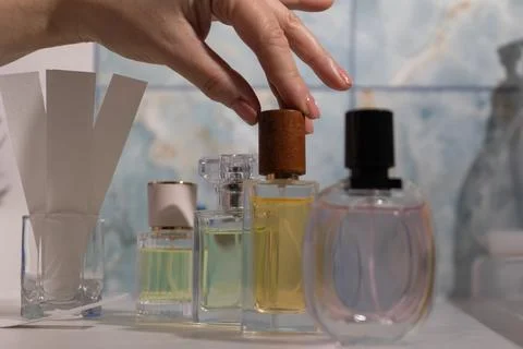 Selecting a Fragrance for a Specific Time of Day: Morning Ritual on Vanity Stock Photos