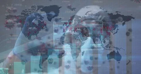 Selecting gloved hand tapping panel in virtual data display, with holographic Stock Illustration