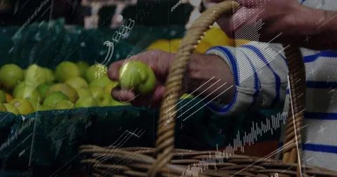Selecting man's hands picking green apple at market, wearing sweater with wicker Stock Photos