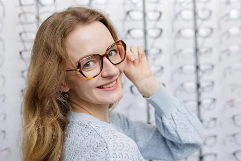 Selecting Stylish Glasses for Poor Vision in Optical Store Stock Photos