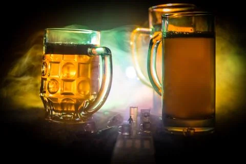 Selection of alcoholic drinks on rustic wood background. Creative artwork dec Photos