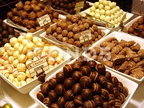 Selection of Belgium chocolate in a row Stock Photos
