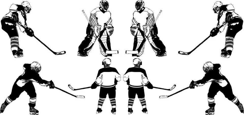 A selection of black and white vector images of players of the hockey team in Stock Illustration