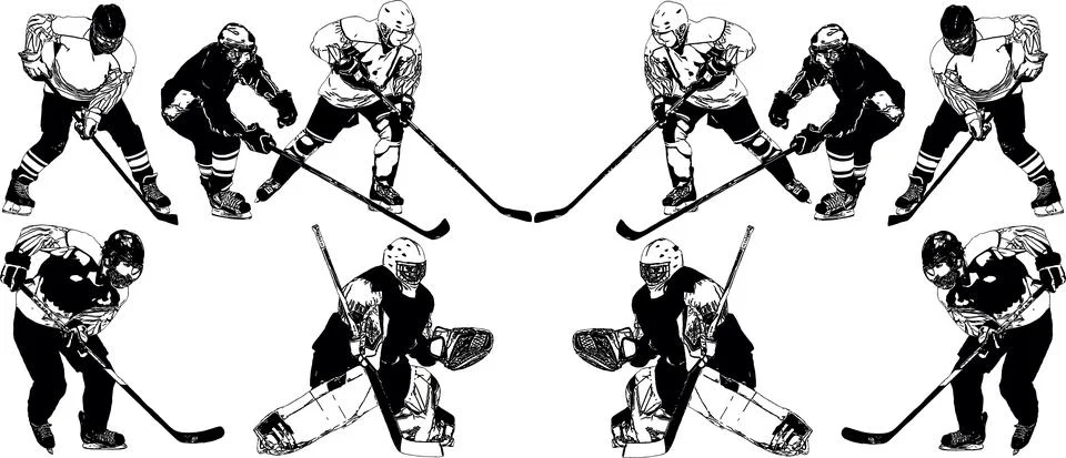 A selection of black and white vector images of players of the hockey team in Stock Illustration
