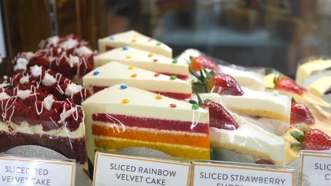 Selection Of Cake Slices On Display. Closeup. Stock Footage 106506421