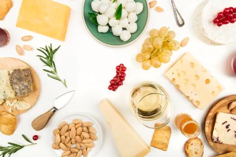Selection of cheeses on white with copy space Stock Photos