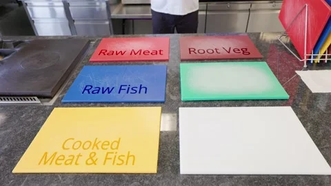 A selection of chopping boards labelled 스톡 동영상 231768001