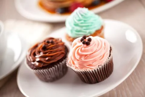 Selection of Colored Cupcakes on a Plate. High quality photo. Stock Photos