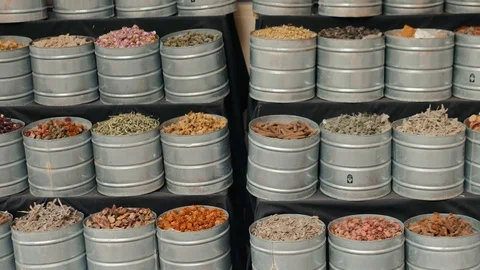 Selection of different arabian spices cosmetics on a traditional Moroccan market Video stock 108809353