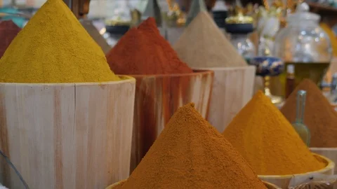 Selection of different arabian spices on a traditional Moroccan market souk in Stock Footage 108853560