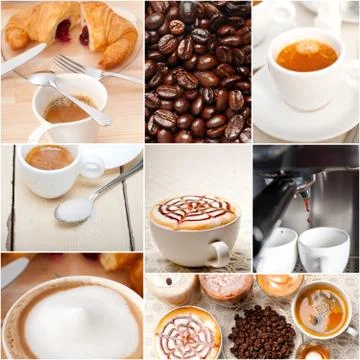 Selection of different coffee type on collage composition Stock Photos