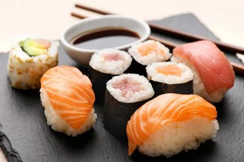 Selection of different sushi served at a meal Stock Photos