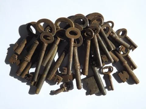 A selection of different types of old fashioned rust keys Stock Photos