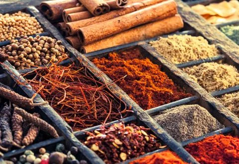 Selection of dried spices in a printers tray Stock Photos