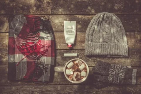 Selection of essentials for cold winter weather Stock Photos
