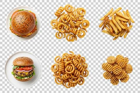 Selection of fast food items featuring burgers and different types of frenc.. 库存照片