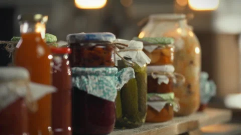 A selection of fermented pickles and homemade sauces are neatly stored on a Stock Footage 331314756