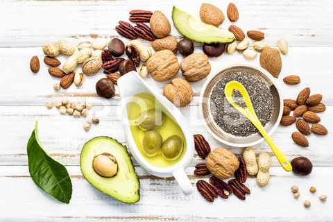 Selection food sources of omega 3 and unsaturated fats. Super foods high vita Stock Photos