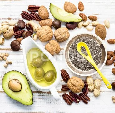 Selection food sources of omega 3 and unsaturated fats. Super foods high vita Stock Photos