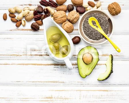 Selection food sources of omega 3 and unsaturated fats. Super foods high vita Stock Photos