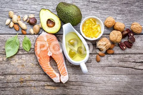 Selection food sources of omega 3 and unsaturated fats. Super foods high vita Stock Photos