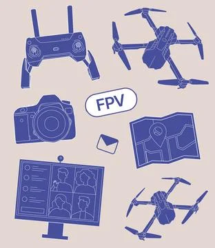 A selection of fpv drone stickers, a quadrocopter vector collection Stock Illustration