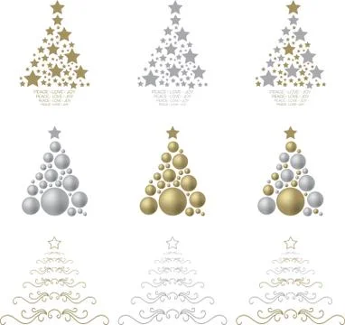 A selection of gold and silver stylised Christmas trees on a white background Stock Illustration