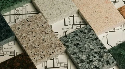 Selection of granite stone counter top and floor tiles samples 库存影片 20544738