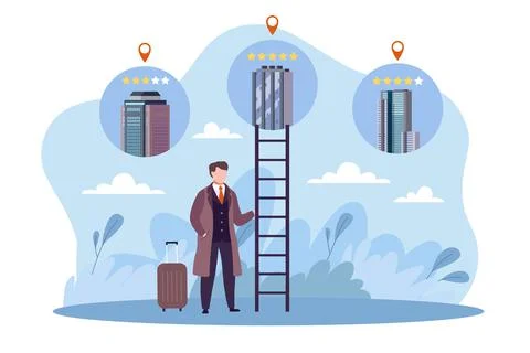 Selection, hotel booking, web platform for business people. Real estate Stock Illustration