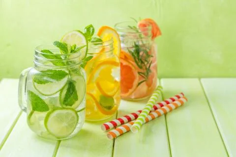 Selection of infused water for detox Stock Photos