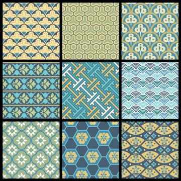 Selection of nine Oriental Retro Vector patterns Stock Illustration
