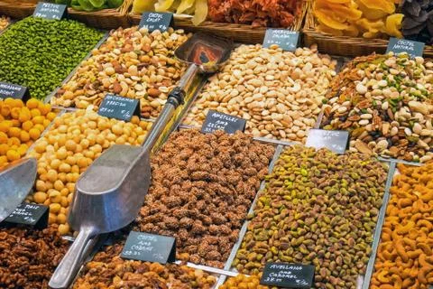 Selection of Nuts at a market Stock Photos