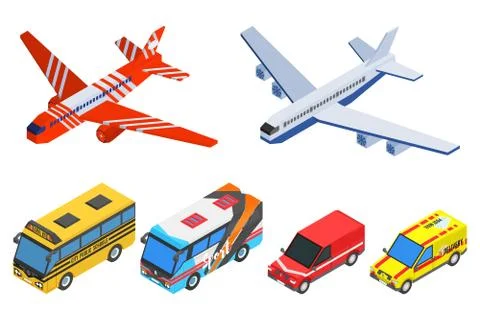Selection of passenger transport isometric buses planes Stock Illustration