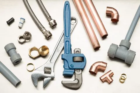 Selection of Plumbers Tools and Plumbing Materials Stock Photos