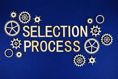 Selection Process alphabet letters with gears element on navy blue background Foto stock