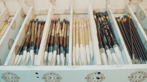 Selection of Production of calligraphy brush pens 스톡 동영상 124334223
