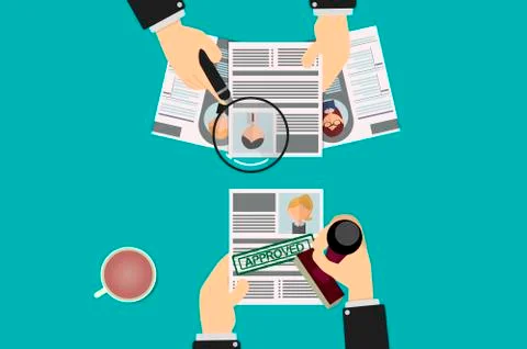 Selection of resumes by human resources, a recruiter approves one of them wit Stock Illustration