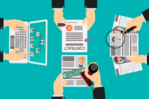 Selection of resumes by the human resources recruiter, approves one of them w Stock Illustration
