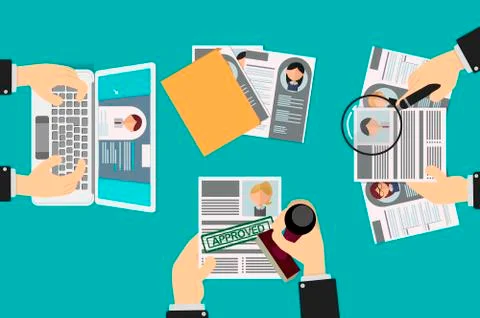 Selection of resumes by a human resources team, a recruiter approves one of t Stock Illustration