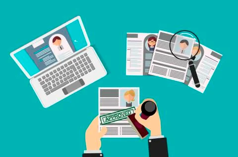 Selection of resumes by a human resources team, a recruiter approves one of t Illustrazione stock