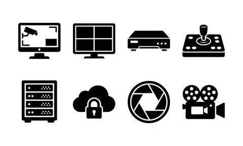A selection of security camera and digital surveillance equipment silhouettes Illustrazione stock